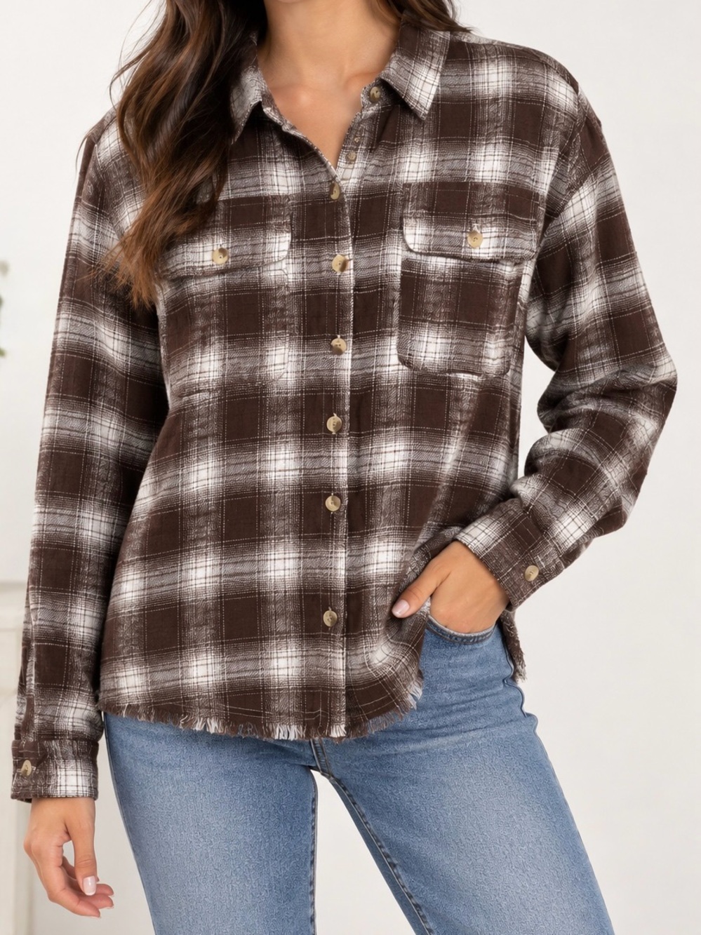 Women’s Brown Plaid Button-Up Shirt